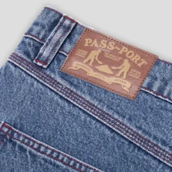 Pass~Port Workers Club Denim Short - Washed Dark Indigo / Maroon Stitc